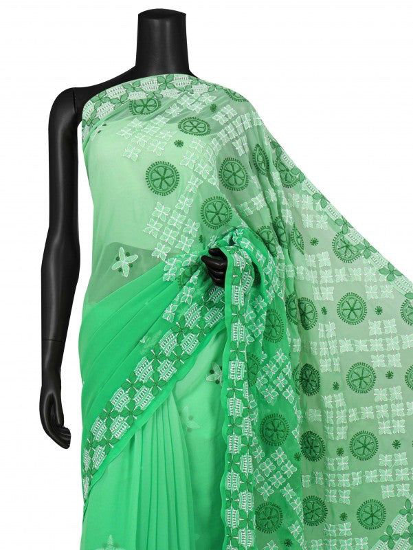 Ada Hand Embroidered Emerald Green Georgette Lucknowi Chikankari Saree With Blouse A223503