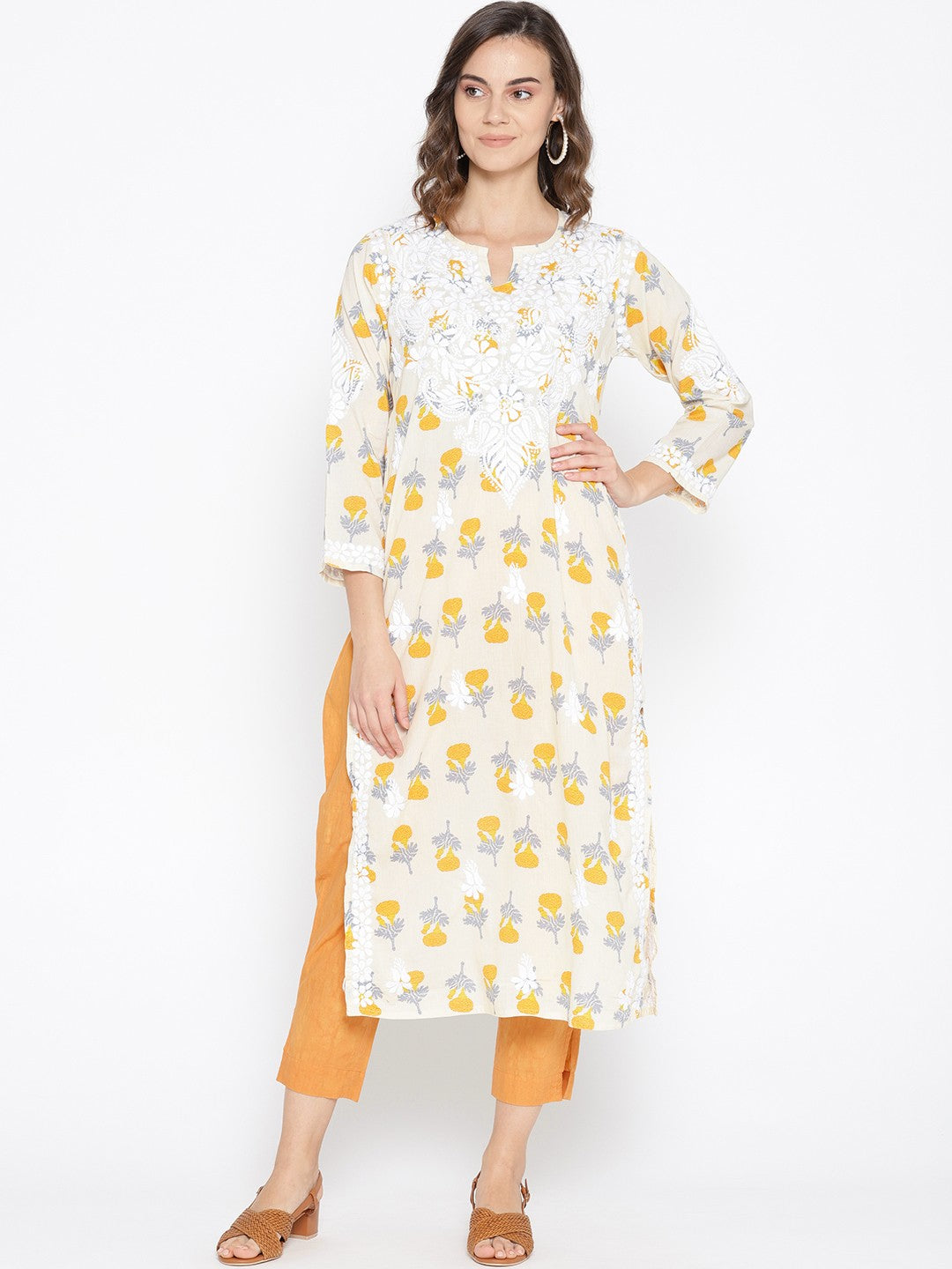Ada Hand Embroidered Fawn Yellow Cotton Lucknow Chikankari Kurta- A100027