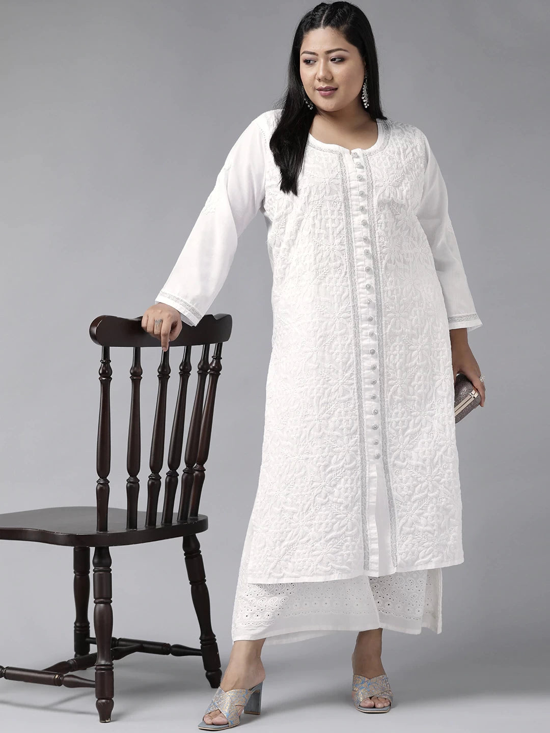Ada Hand Embroidered White Cotton Lucknowi Chikankari Straight Kurta With Zari Work A345926