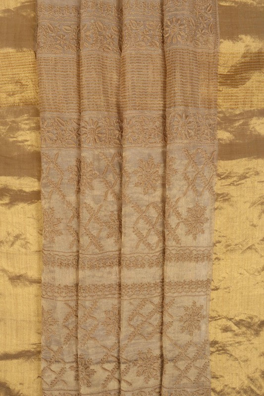 Ada Hand Embroidered Natural Fawn Tissue Lucknowi Chikankari Saree With Blouse A606169