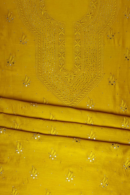 Ada Hand Embroidered Mustard Georgette Lucknowi Chikan Unstitched Kurta Dupatta Set With Muqaish Work A394927