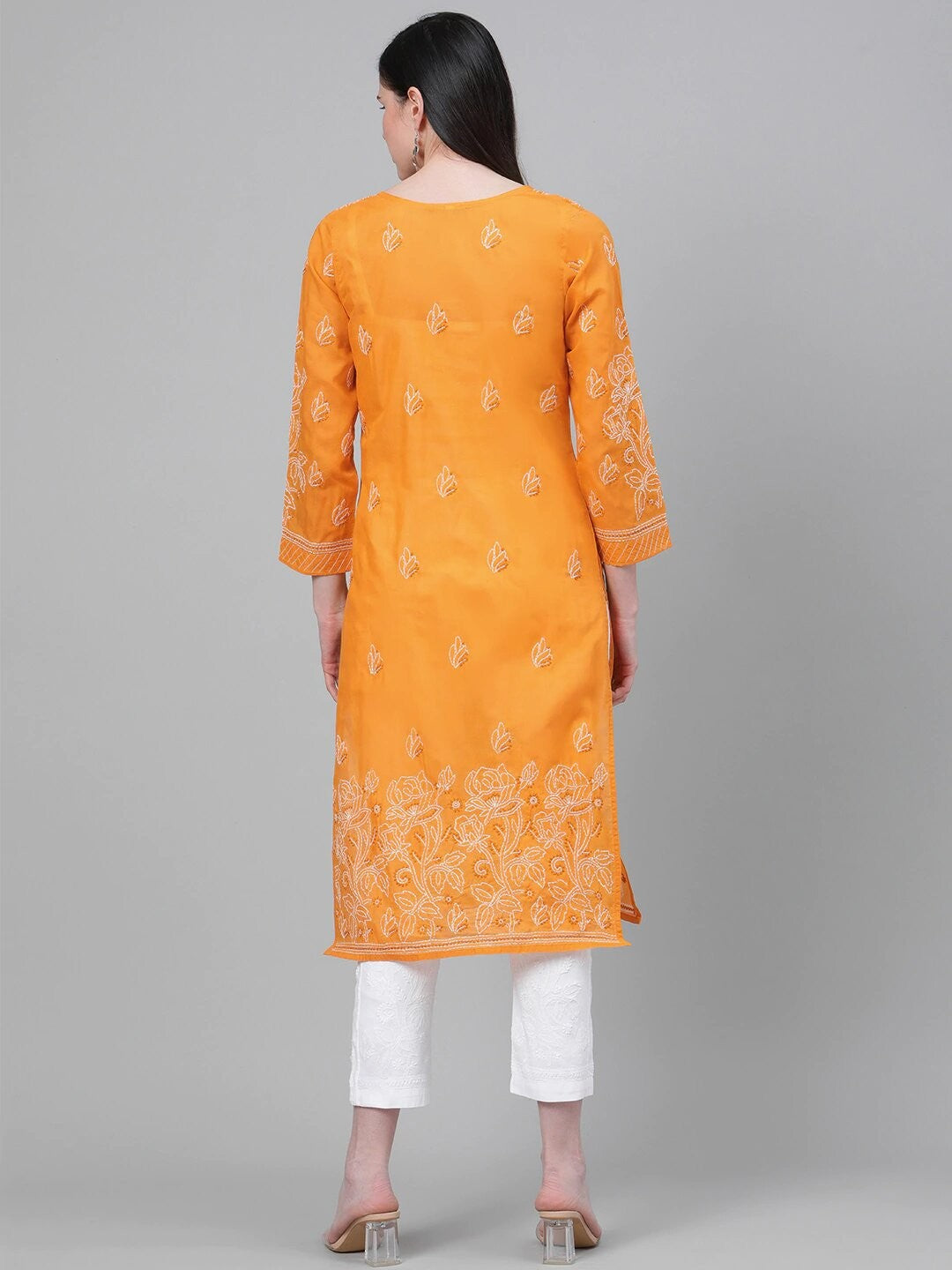 Ada Hand Embroidered Mustard Cotton Lucknowi Chikankari Straight Kurta With Trouser Set A811152