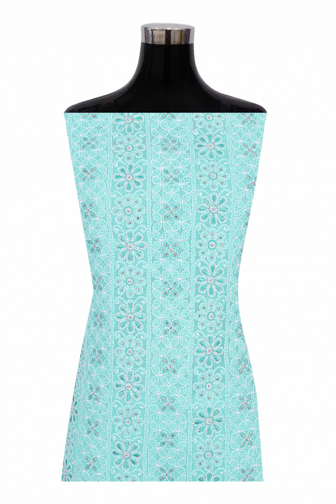 Ada Hand Embroidered Sea Green Cotton Lucknowi Chikankari Unstitched Suit Piece With Silver Lurex 01A220599