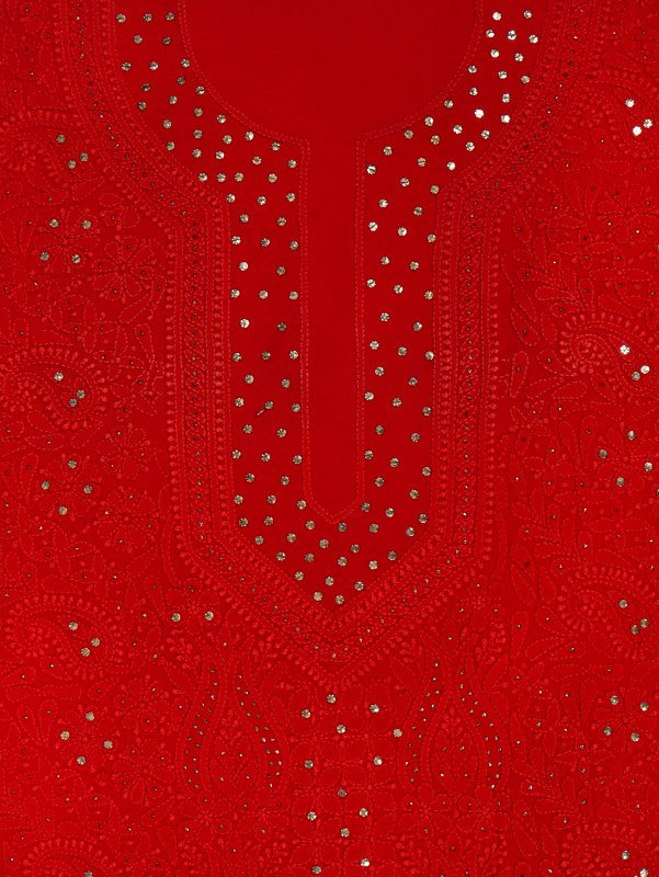 Ada Hand Embroidered Red Georgette Lucknowi Chikankari Unstitched Kurta Piece with Muqaish Work A511732
