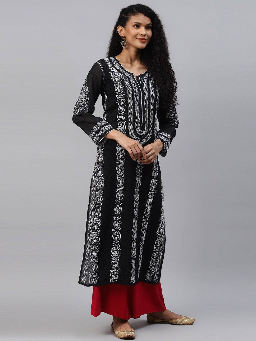 Ada Hand Embroidered Black Cotton Lucknowi Chikankari Straight Kurta A230771