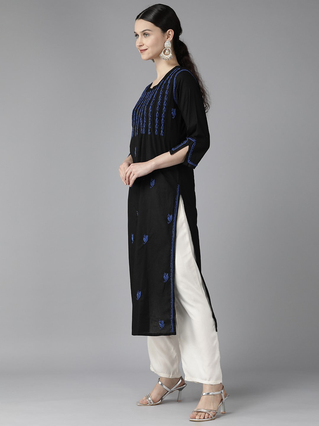 Ada Hand Embroidered Black Cotton Lucknowi Chikankari Straight Kurta A411421