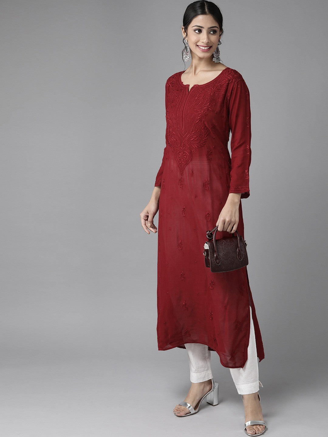 Ada Hand Embroidered Maroon Georgette Lucknowi Chikan Kurta A411183