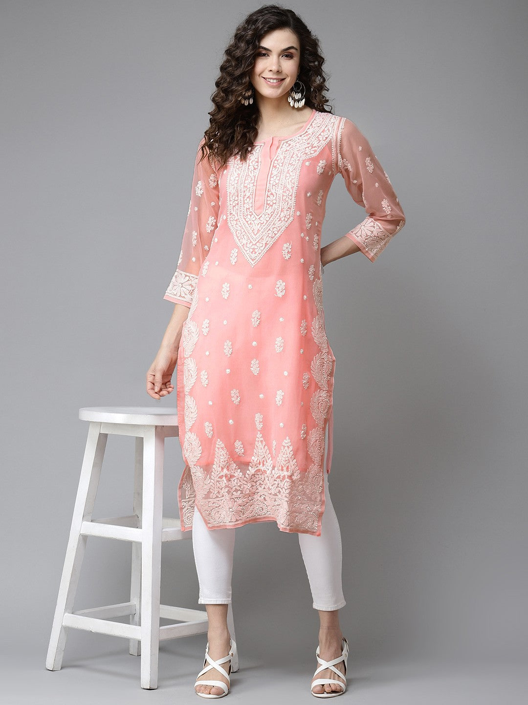 Ada Hand Embroidered Peach Georgette Lucknowi Chikankari Straight Kurta With Slip A411194