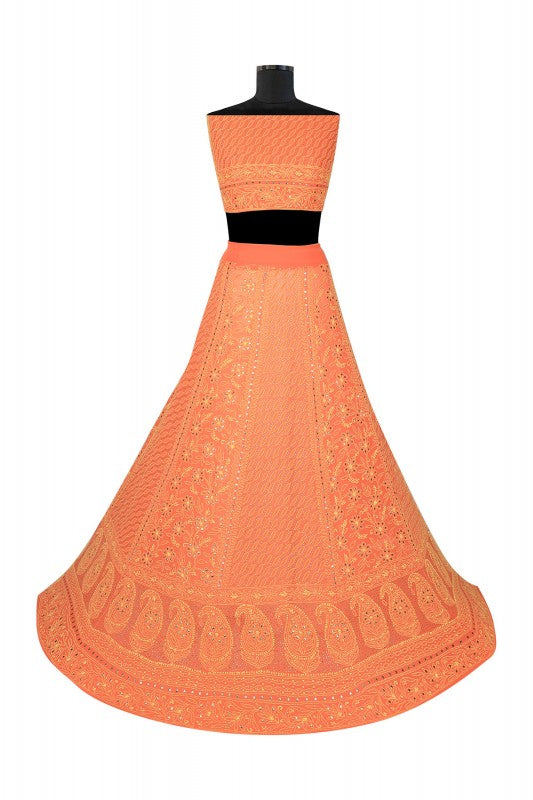 Ada Hand Embroidered Monarch Orange Pure Georgette Lucknowi Chikankari Lehenga Set With Muqaish Work– A600540