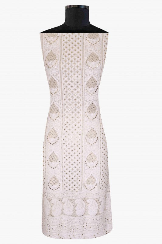 Ada Hand Embroidered White Pure Georgette Lucknowi Chikan Unstitched Kurta Piece With Muqaish Work-A576711