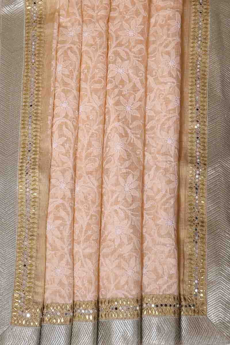 Ada Hand Embroidered Peach Kota Lucknowi Chikankari Saree With Blouse- A476123