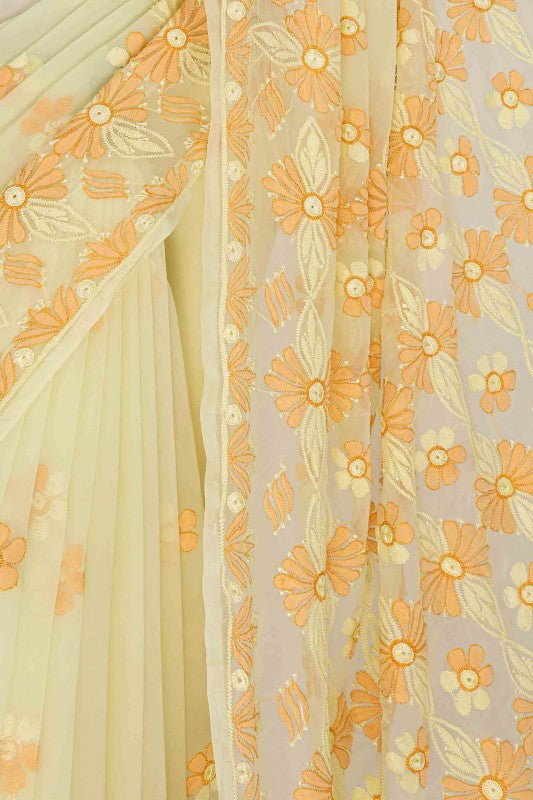 Ada Hand Embroidered Yellow Georgette Lucknowi Chikankari Saree with Blouse A630384