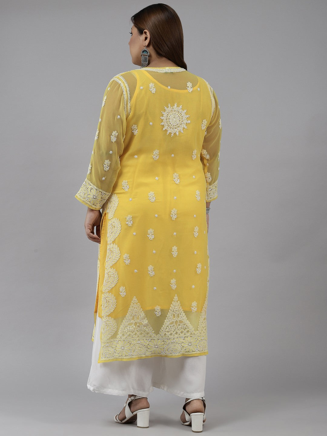 Ada Hand Embroidered Yellow Georgette Lucknowi Chikankari Straight Kurta With Slip A411195