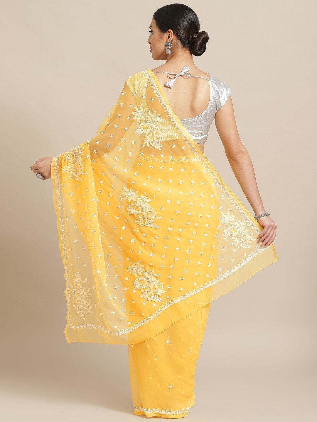 Ada Hand Embroidered Yellow Georgette Lucknow Chikan Saree with Blouse A233458