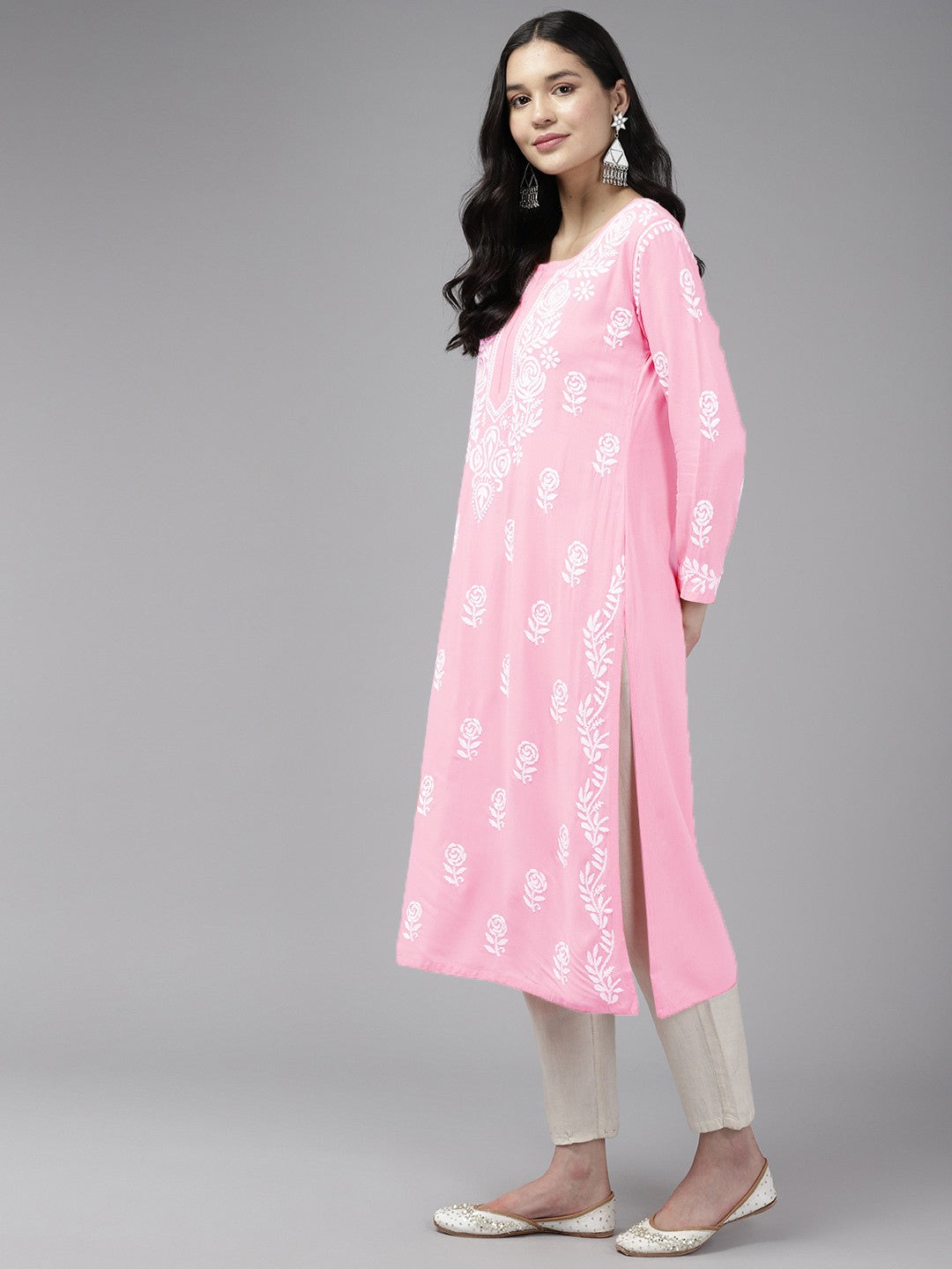 Ada Hand Embroidered Light Pink Rayon Lucknowi Chikankari Straight Kurta A411450