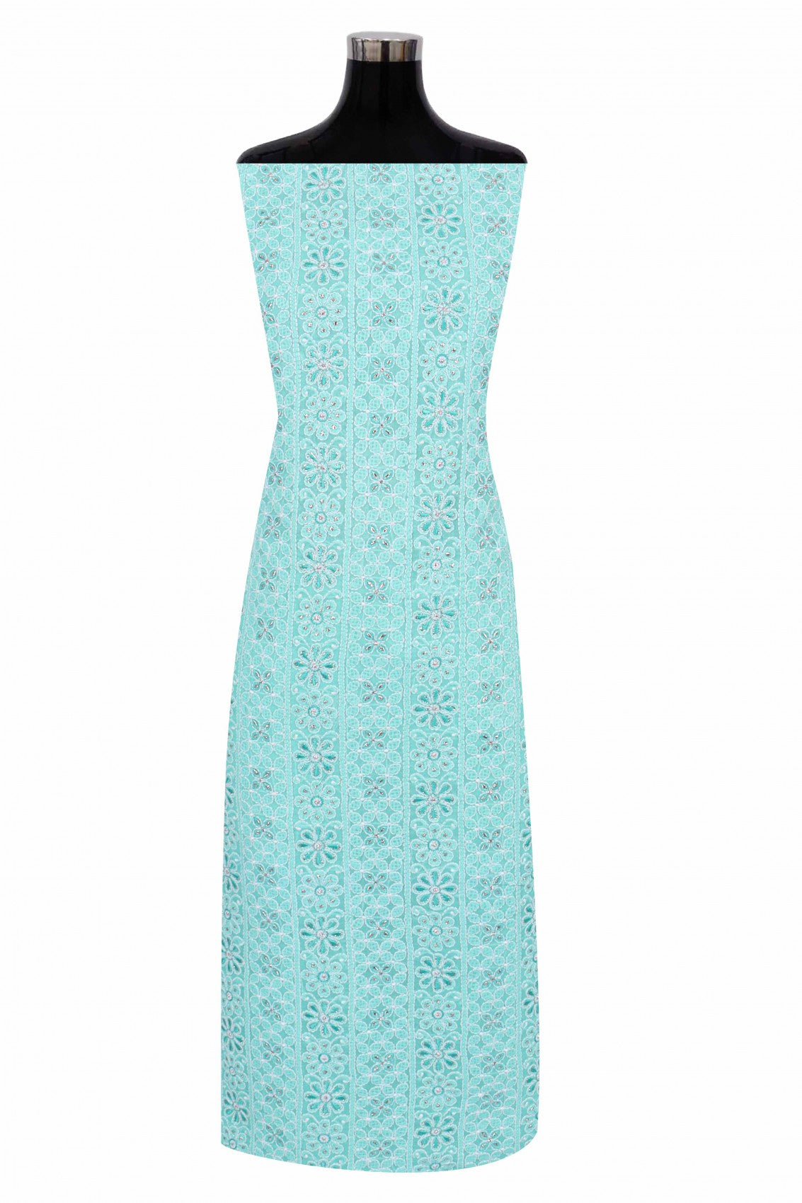 Ada Hand Embroidered Sea Green Cotton Lucknowi Chikankari Unstitched Suit Piece With Silver Lurex 01A220599