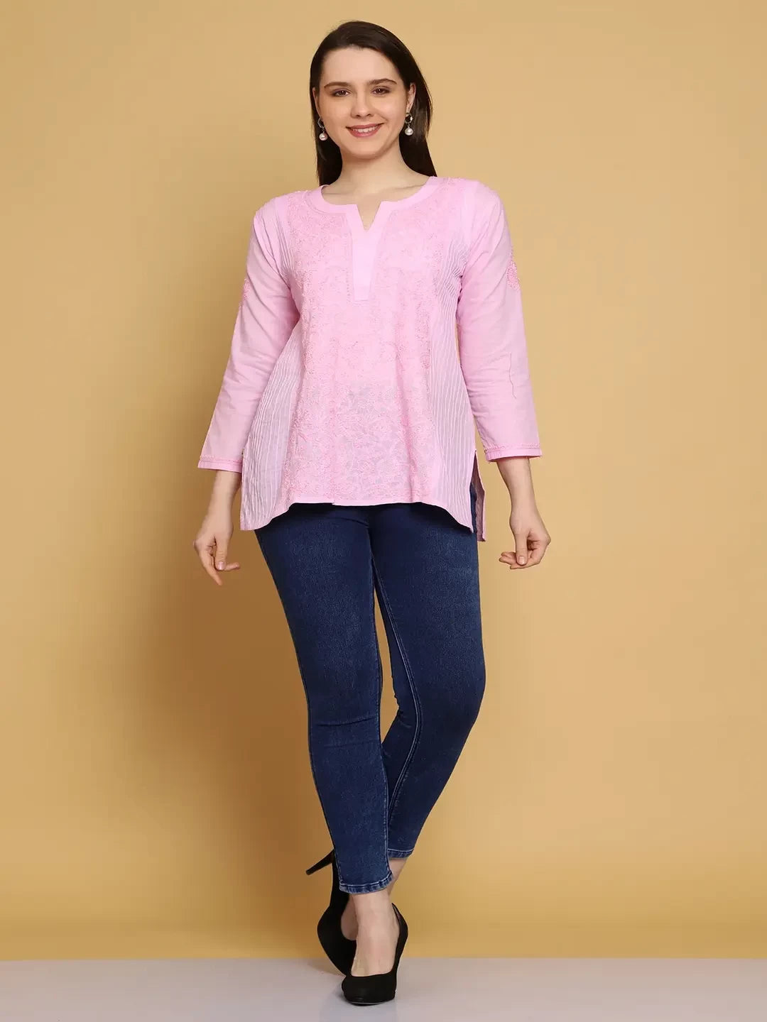 Ada Hand Embroidered Pink Cotton Lucknowi Chikankari Straight Kurti A911313