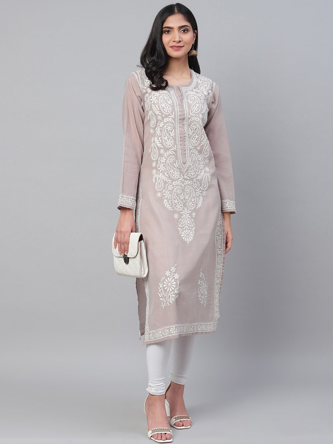 Ada Hand Embroidered Grey Chanderi Lucknowi Chikan Straight Kurta A100596