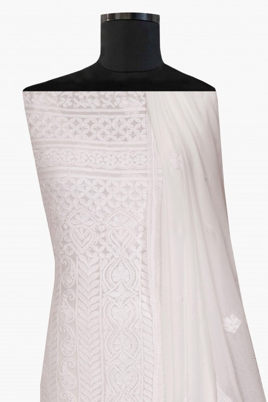 Ada Hand Embroidered White Georgette Lucknowi Chikan Unstitched Kurta Dupatta Set A613046