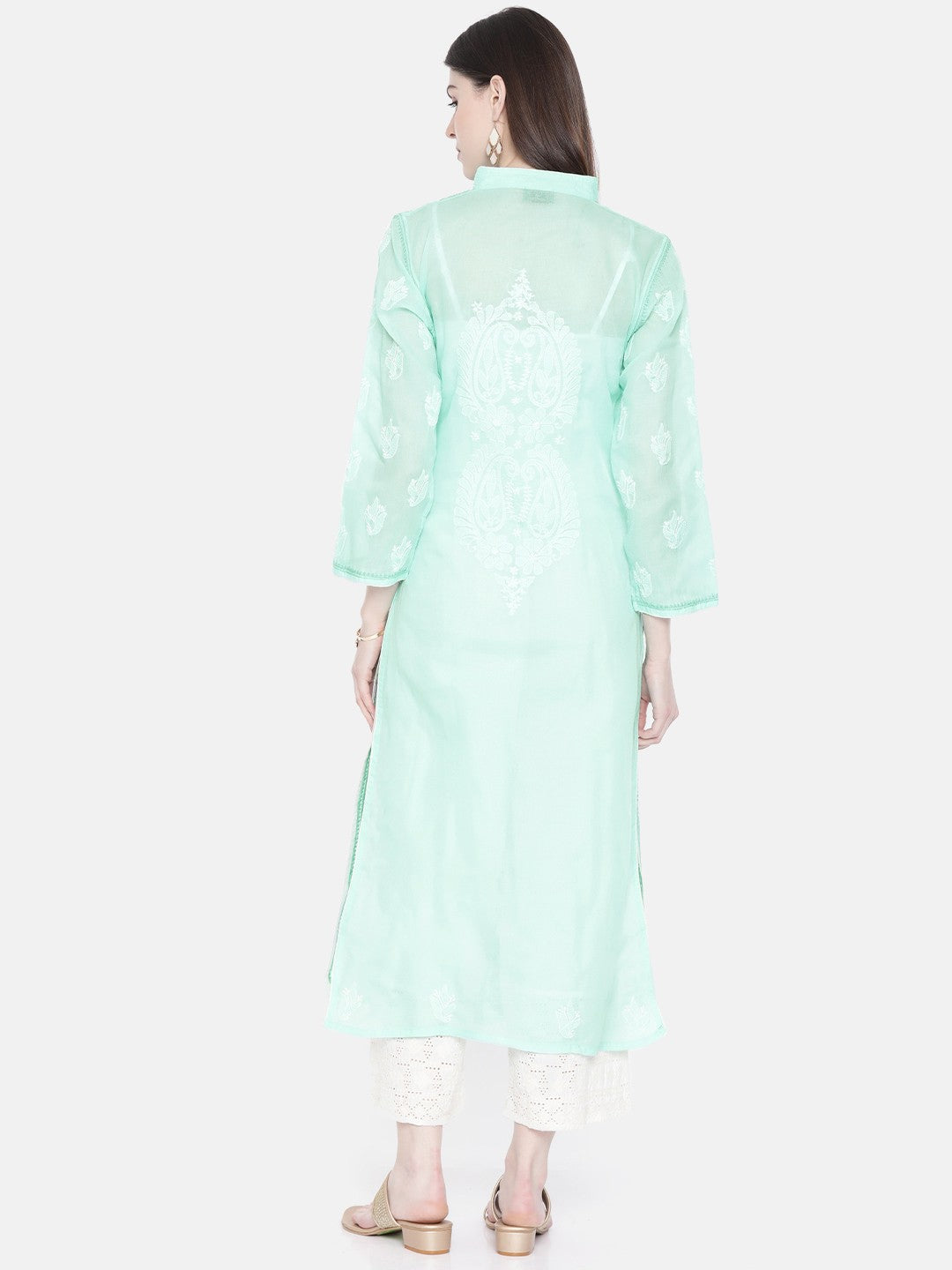 Ada Hand Embroidered Sea Green Cotton Lucknow Chikan Straight Kurta A230229