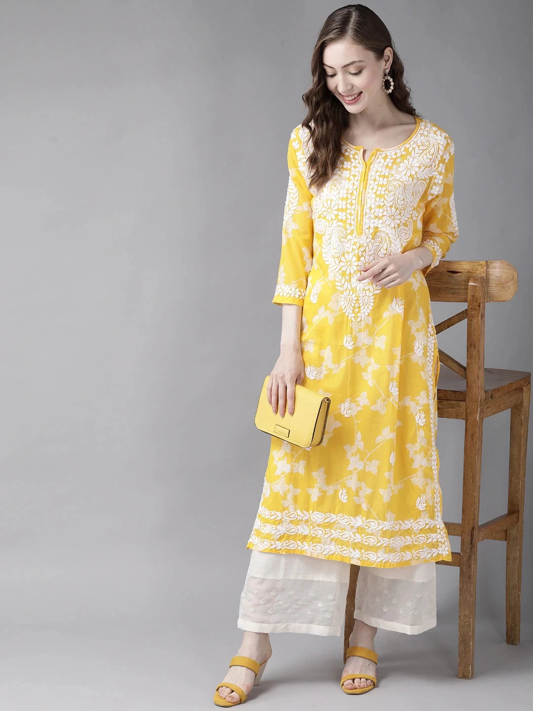 Ada Hand Embroidered Yellow Cotton Lucknowi Chikan Kurta A411268
