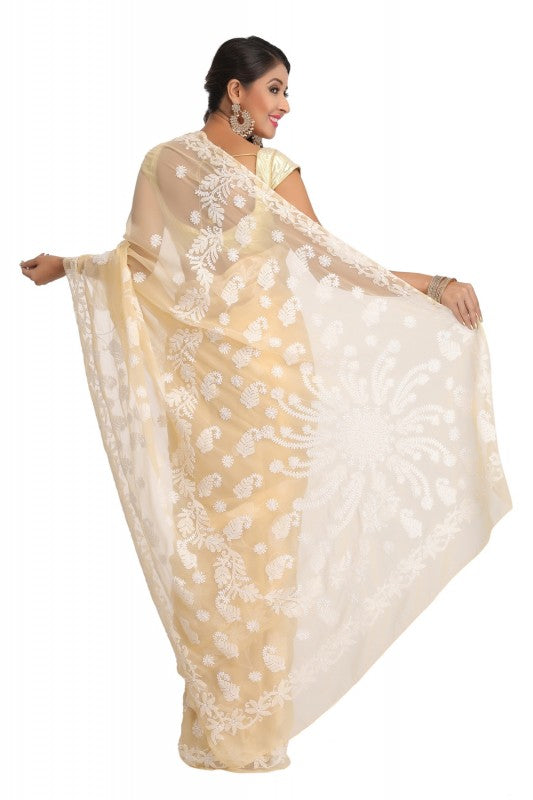 Ada Hand Embroidered Fawn Faux Georgette Lucknow Chikan Saree with Blouse A129593