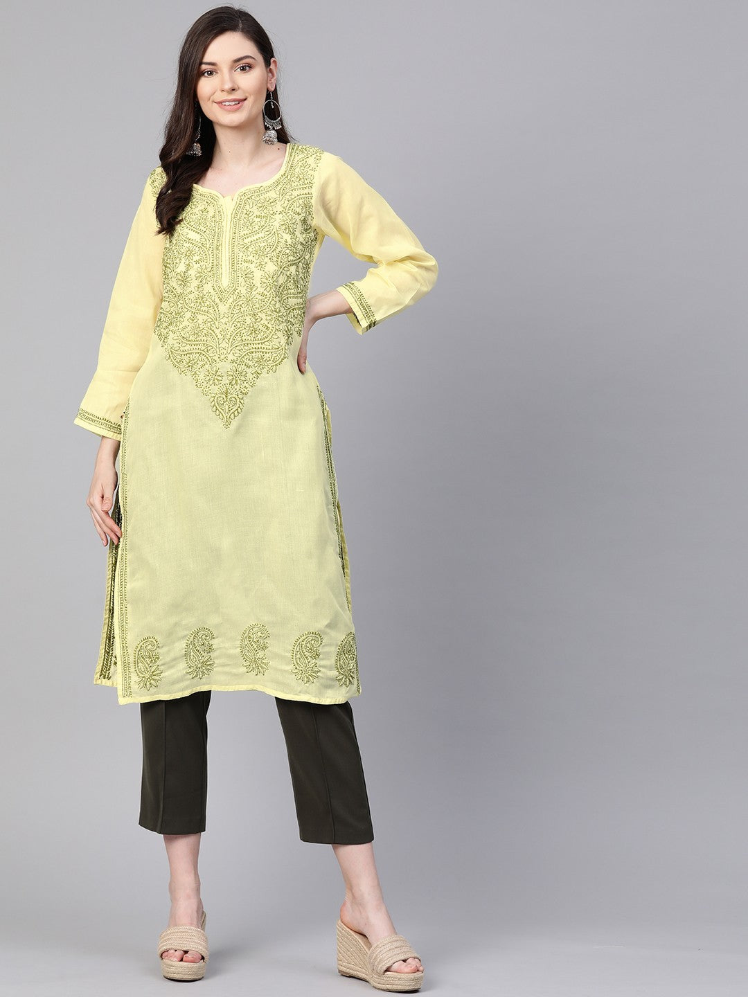 Ada Hand Embroidered Lemon Cotton Lucknowi Chikankari Kurta Straight A100370