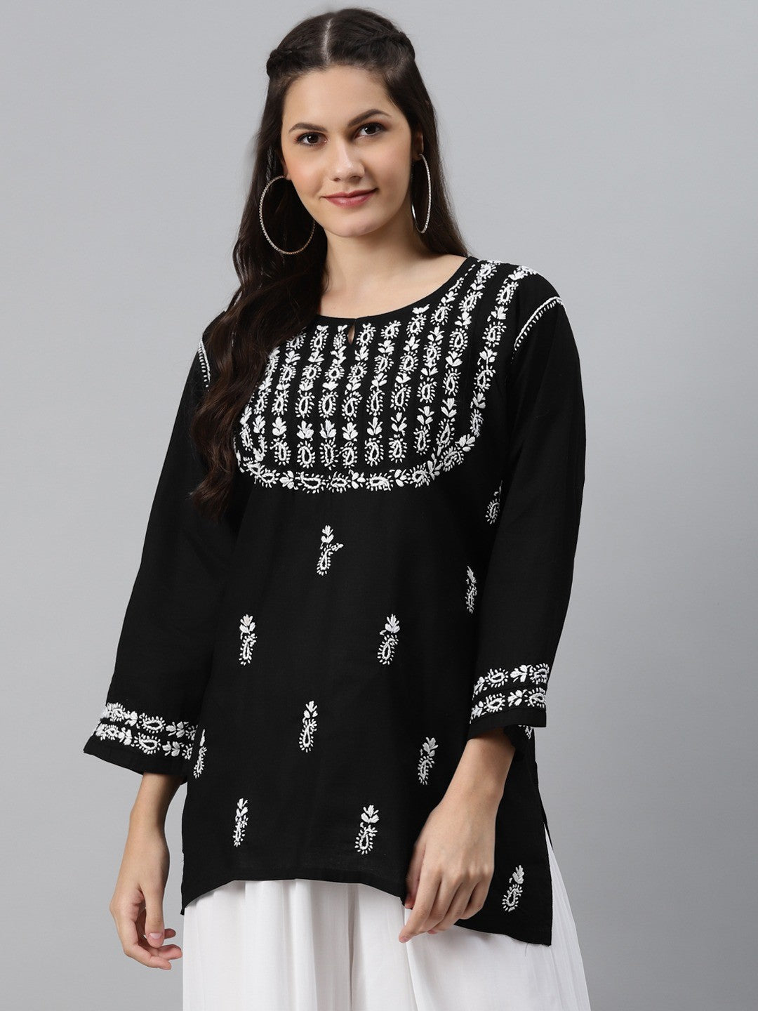 Ada Hand Embroidered Black Cotton Lucknowi Chikankari Straight Kurti- A911118