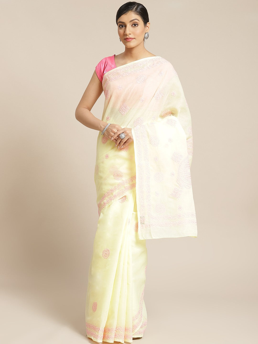 Ada Hand Embroidered Lemon Cotton Lucknow Chikan Saree With Blouse-A311170