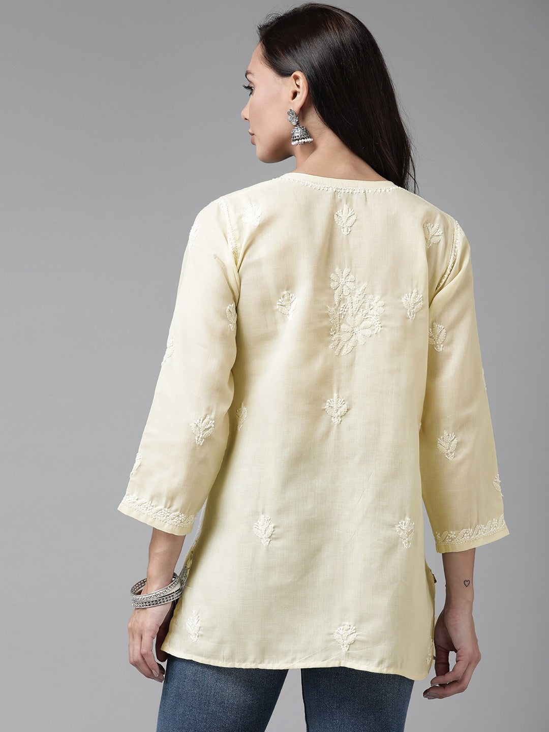 Ada Hand Embroidered Fawn Cotton Lucknowi Chikankari Short Kurti A911214