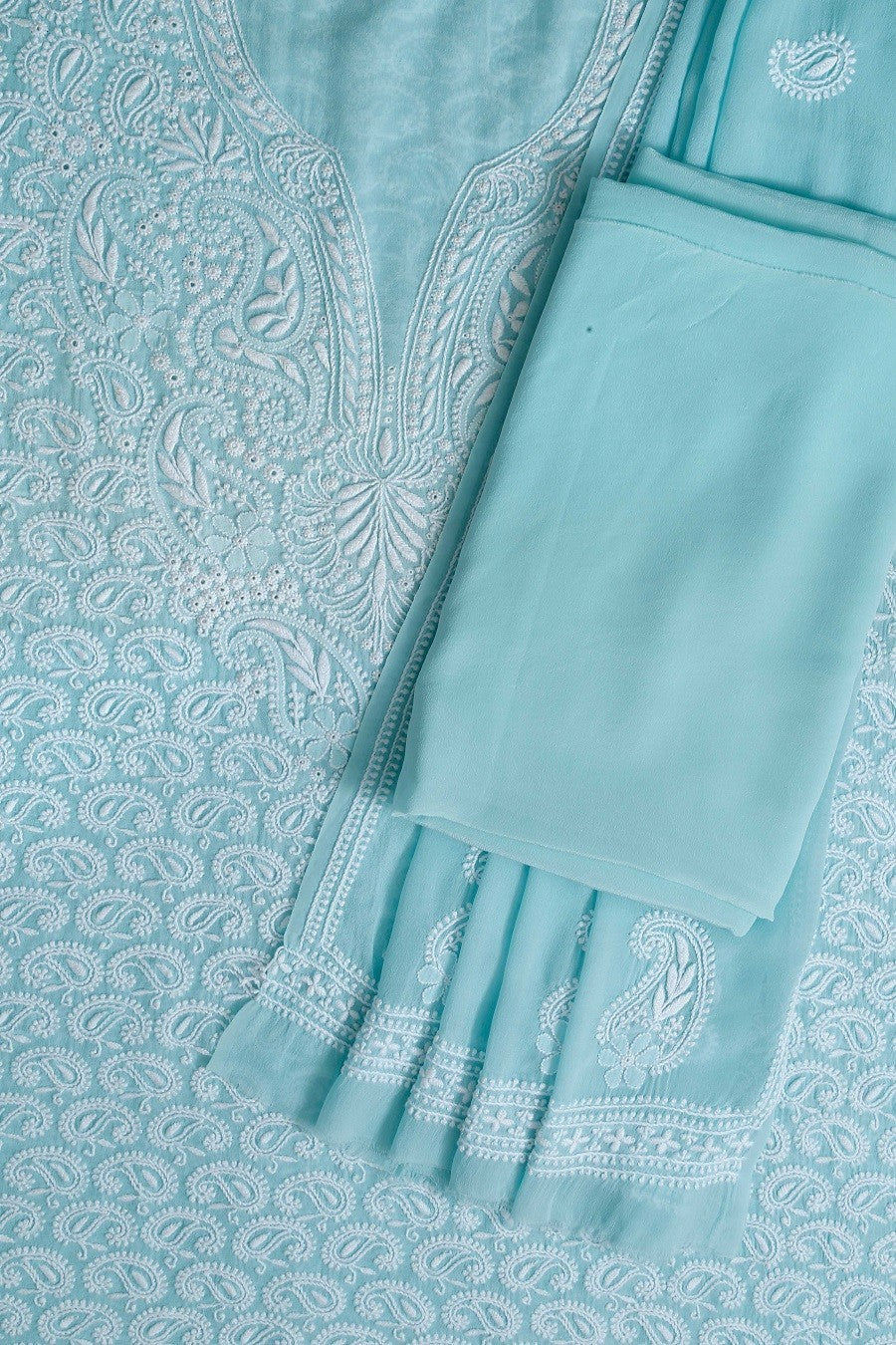 Ada Hand Embroidered Sky Blue Pure Georgette Chikan Unstitched Suit Piece- A103573