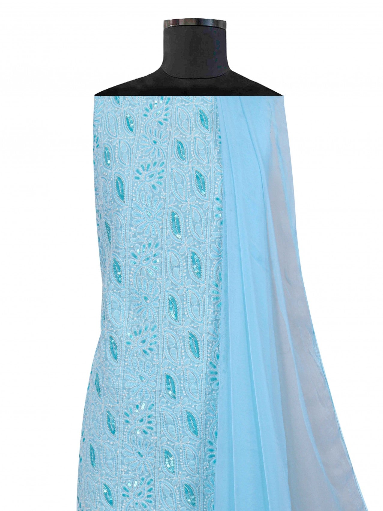 Ada Hand Embroidered Sky Blue Cotton Lucknowi Chikankari Unstitched Suit Piece With Sequinned Work 01A197851
