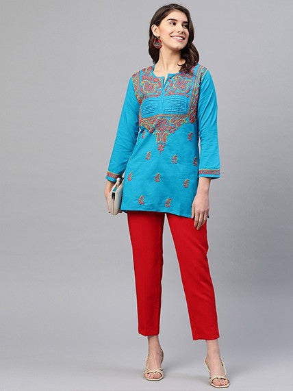 Ada Hand Embroidered Blue Cotton Lucknowi Chikankari Straight Kurti A226896
