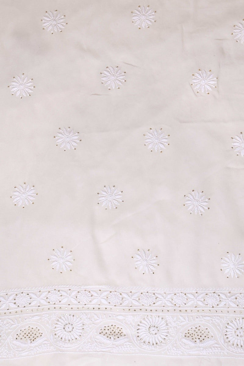 Ada Hand Embroidered White Pure Georgette Lucknowi Chikan Unstitched Kurta Dupatta Set With Muqaish Work - A482567