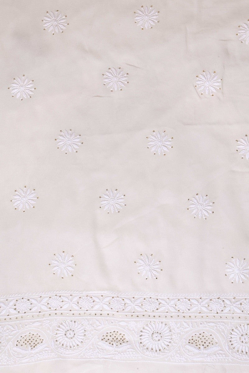 Ada Hand Embroidered White Pure Georgette Lucknowi Chikan Unstitched Kurta Dupatta Set With Muqaish Work - A482567