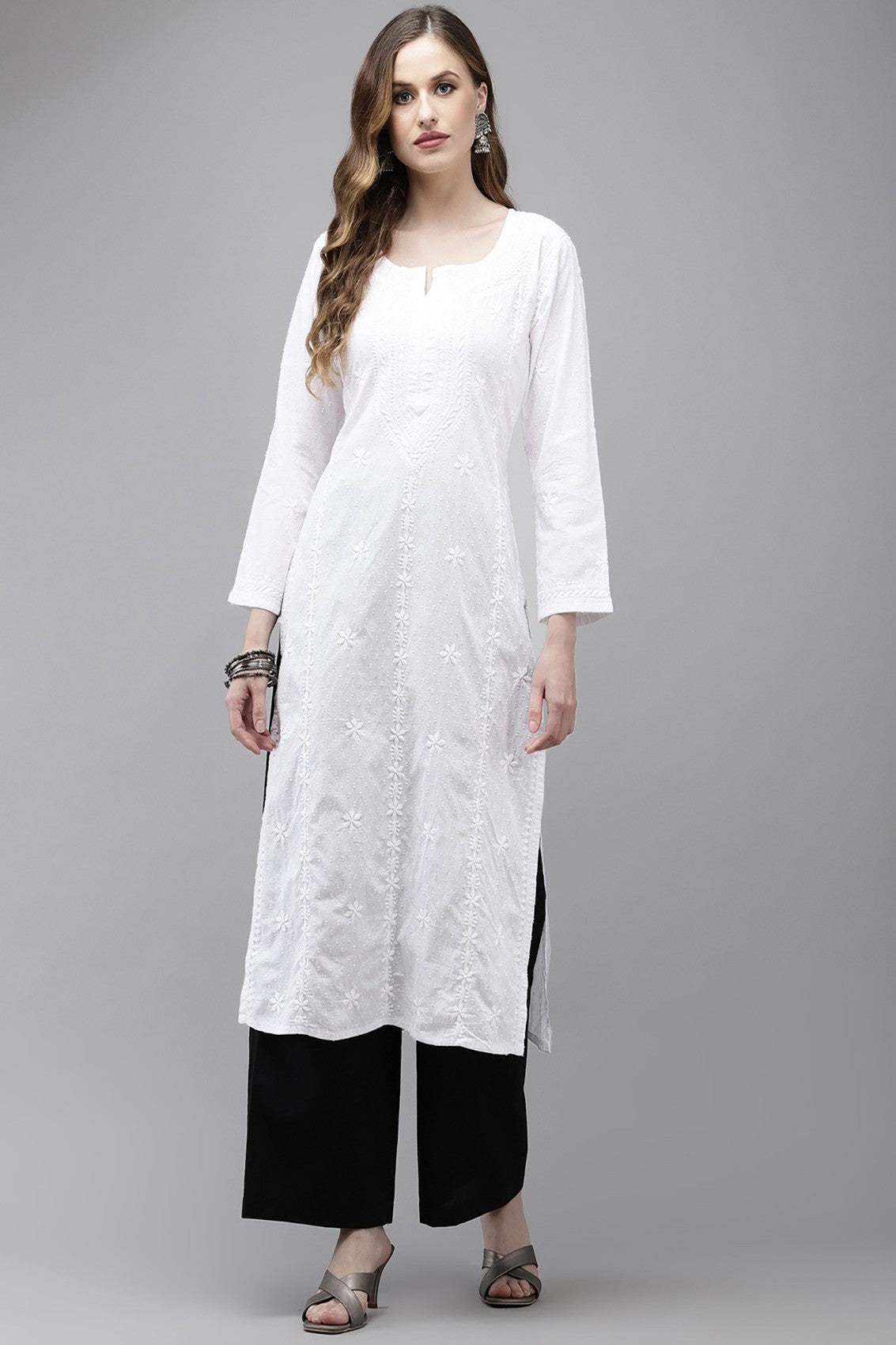 Ada Hand Embroidered White Cotton Lucknow Chikankari Straight Kurta A411323