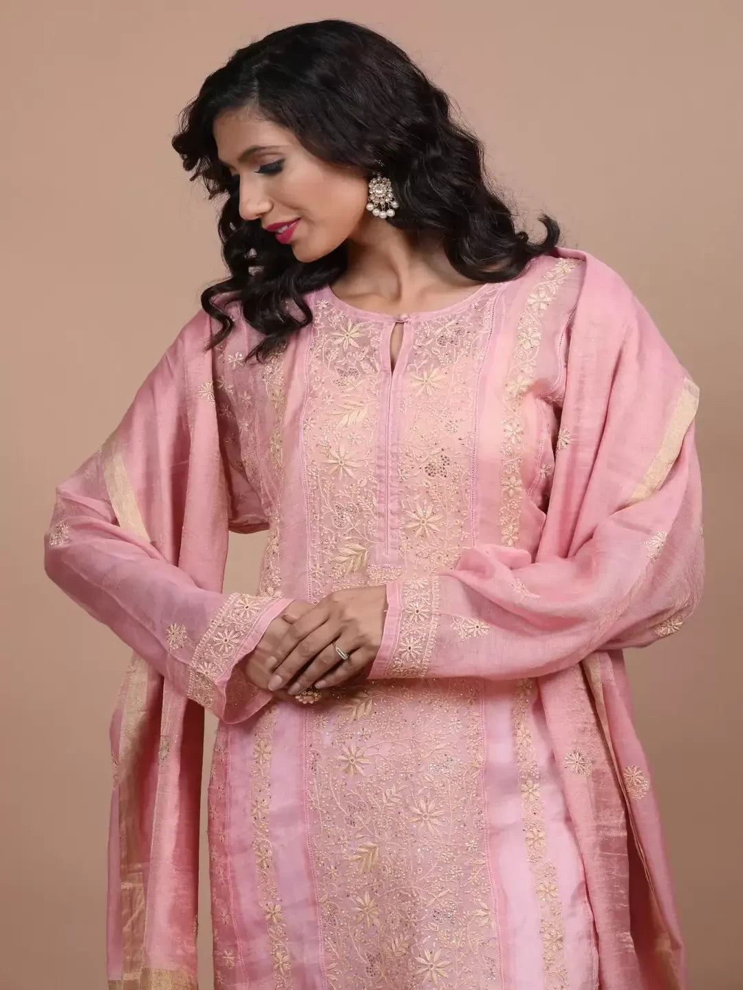 Ada Hand Embroidered Dusty Peach Tissue Lucknowi Chikankari Semi-stitched Kurta Dupatta Set With Muqaish Work 01A229599