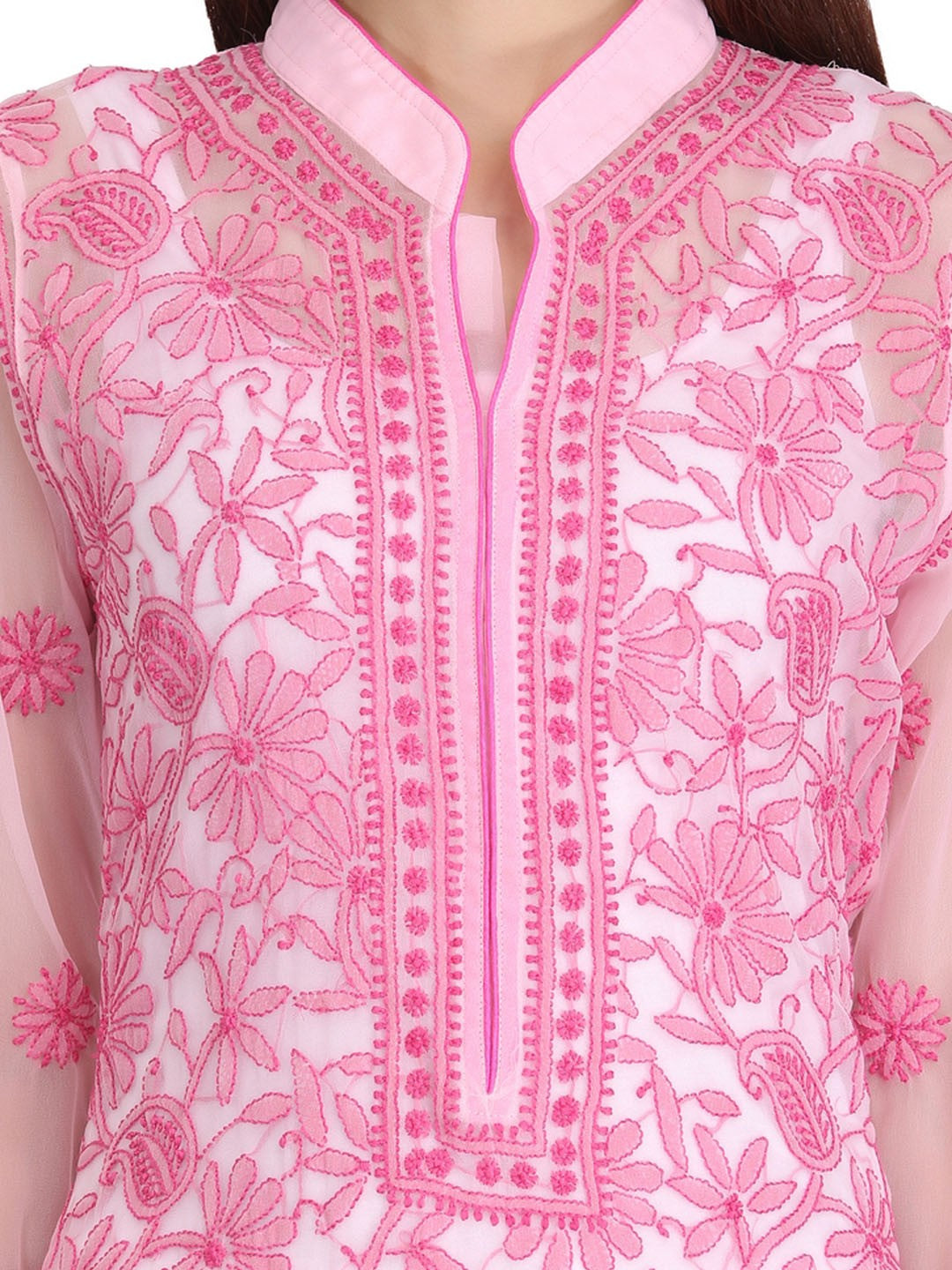 Ada Hand Embroidered Pink Georgette Lucknowi Chikankari Straight  Kurta with Slip– A225196