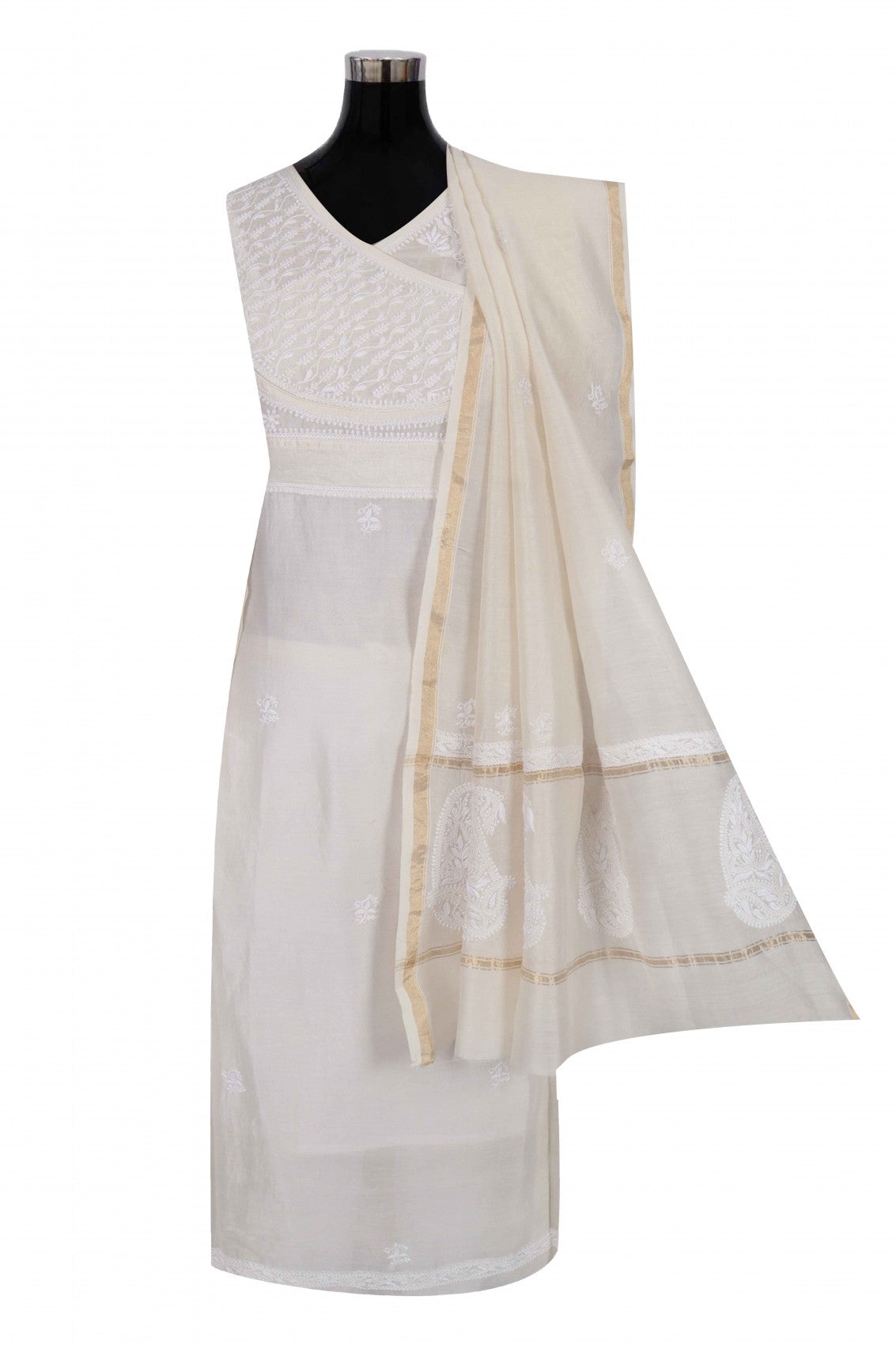 Ada Hand Embroidered White Chanderi Lucknowi Chikankari Semi-stitched Kurta Dupatta Set 01A240784