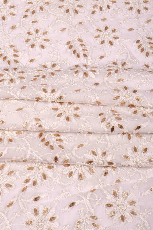 Ada Hand Embroidered White Georgette Lucknowi Chikan Unstitched Suit Piece with Gota Patti Work A428256