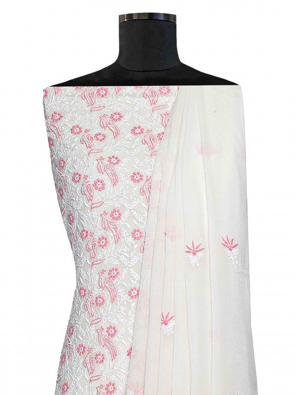 Ada Hand Embroidered White Pure Georgette Lucknowi Chikan Unstitched Kurta Dupatta Set with Pearl Work A615370