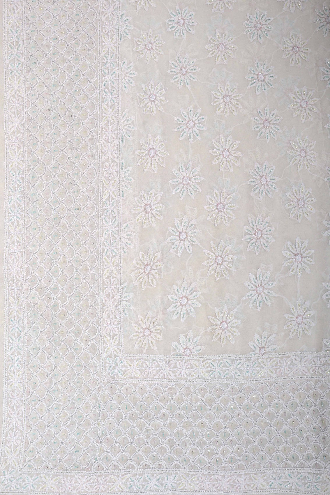 Ada Hand Embroidered White Pure Georgette Lucknowi Chikankari Dupatta With Cutdana Work 01A162503
