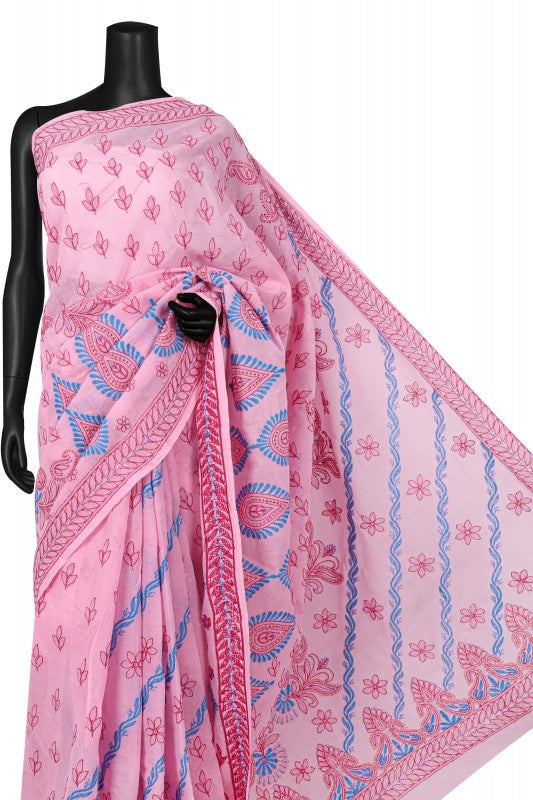Ada Hand Embroidered Pink Cotton Lucknowi Chikankari Saree With Blouse A186039
