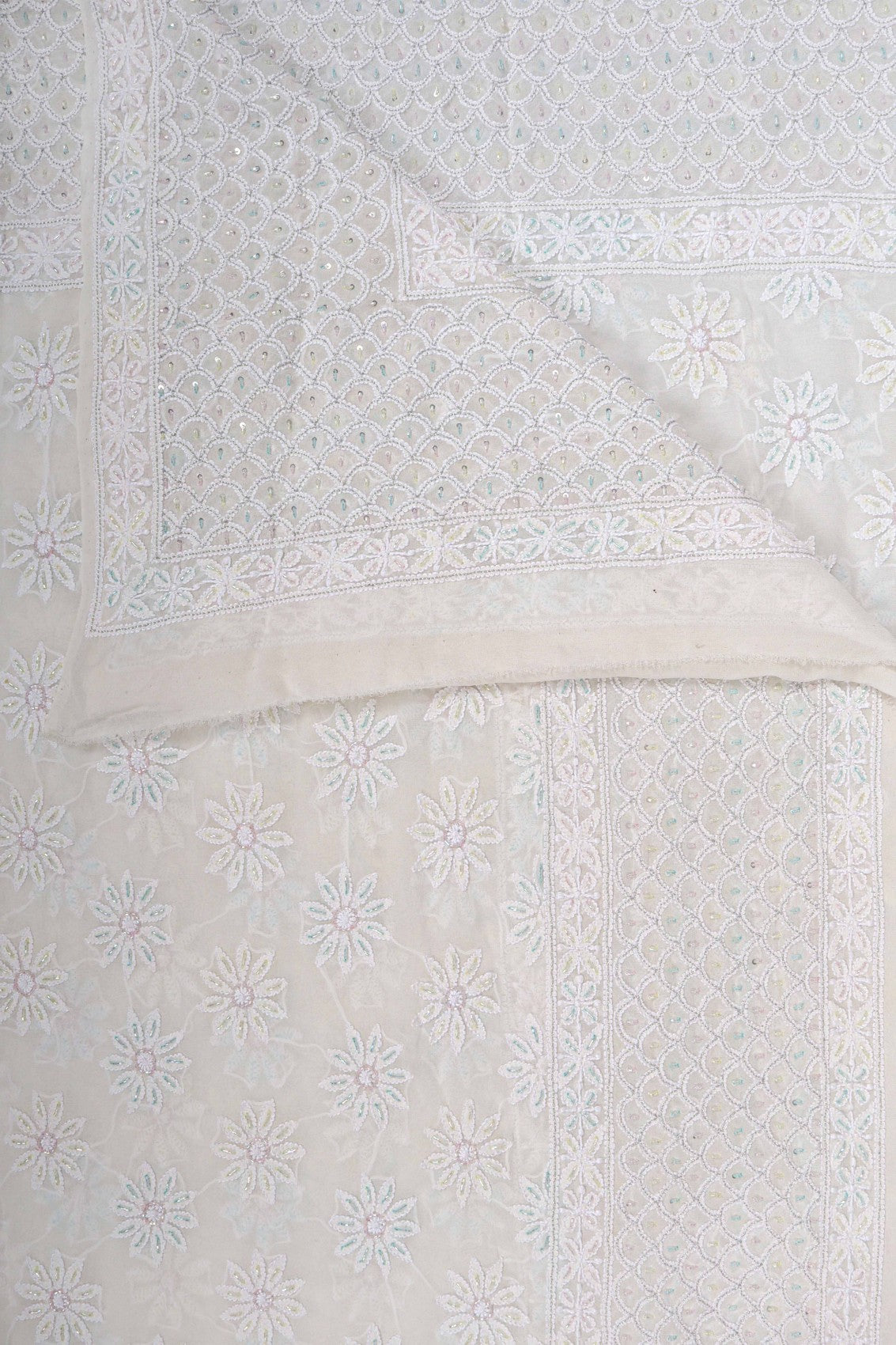 Ada Hand Embroidered White Pure Georgette Lucknowi Chikankari Dupatta With Cutdana Work 01A162503