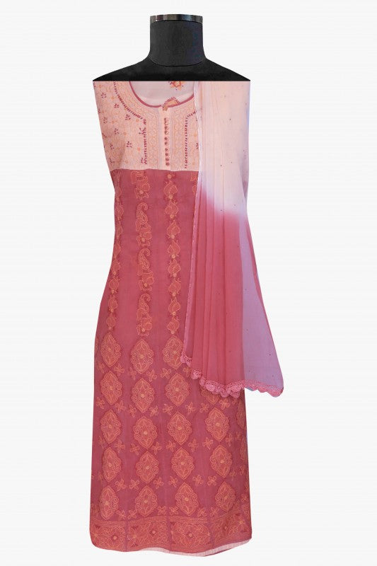 Ada Hand Embroidered Peach/Blush Red Cotton Lucknowi Chikan Unstitched Suit Piece A609640