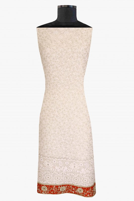Ada Hand Embroidered Off White Pure Georgette Lucknowi Chikan Unstitched Kurta Dupatta Set with Pearl & Sequinned Work A227700