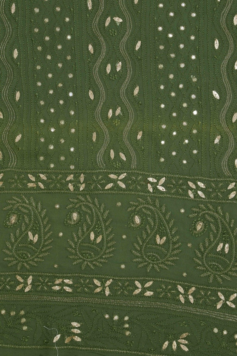 Ada Hand Embroidered Olive Green Georgette Lucknowi Chikan Unstitched Kurta Piece with Gota Patti Work A482677