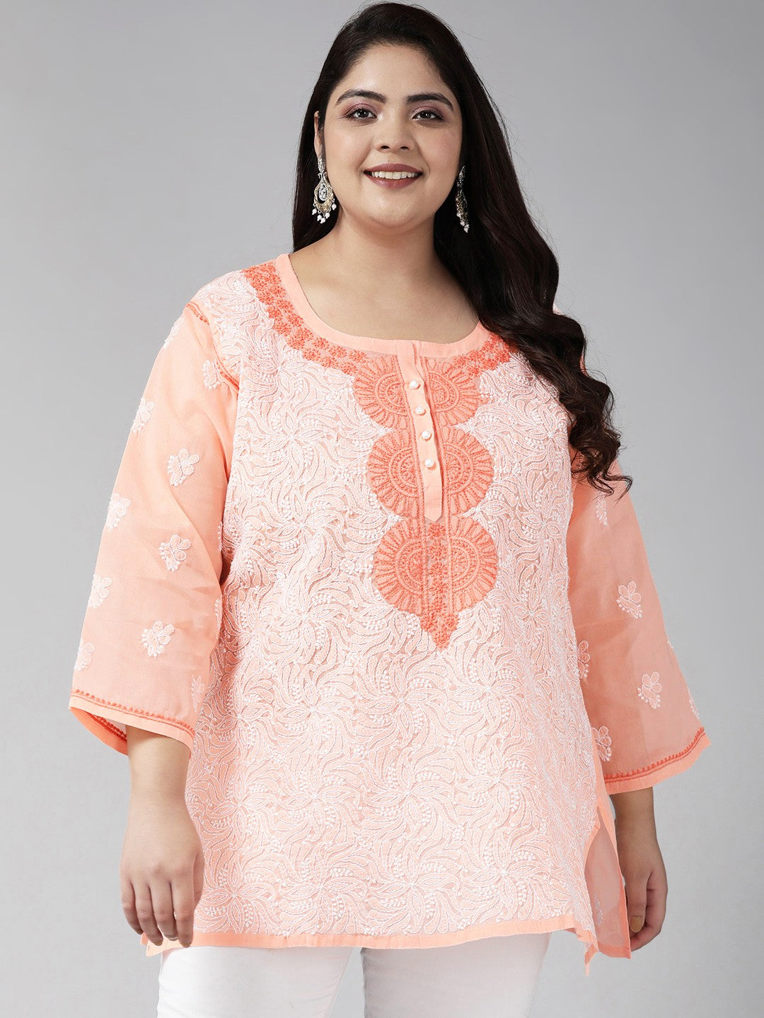 Ada Hand Embroidered Peach Cotton Lucknowi Chikankari Short Kurti A273726