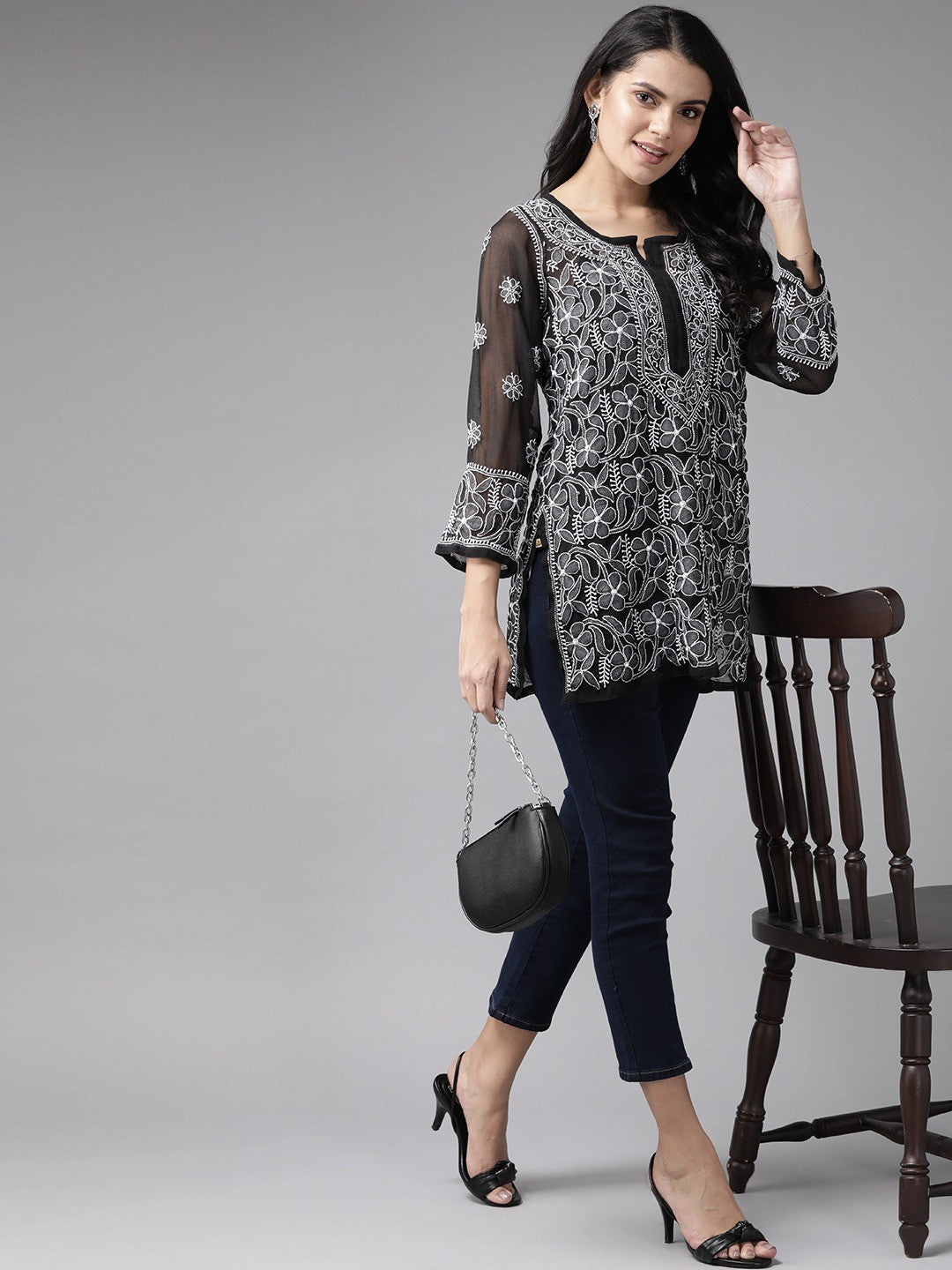 Ada Hand Embroidered Black Georgette Lucknowi Chikankari Straight Kurti A911126