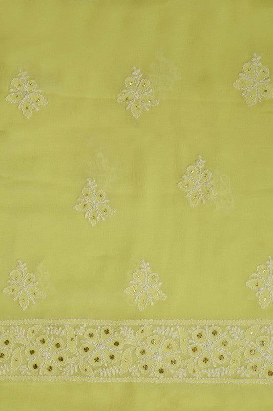 Ada Hand Embroidered Lime Green Pure Georgette Lucknowi Chikan Unstitched Kurta-Dupatta set With Muqaish Work–A532931